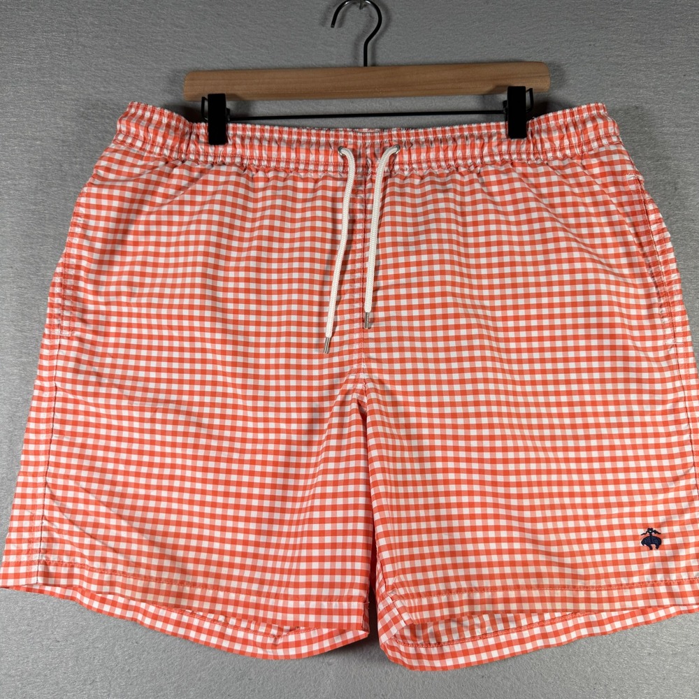 Brooks Brothers Mens Orange Gingham‎ Swim Trunks Large Mesh Lined 100021027